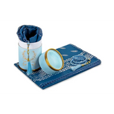 Blauw en goud decoratieve houderset met bijpassende stof in Cadeauset Gebed Cilinder